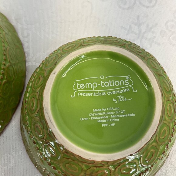Temptations Old World Rustic Green Mixing Bowls Set Of Two Durable Embossed Oven - Picture 5 of 10